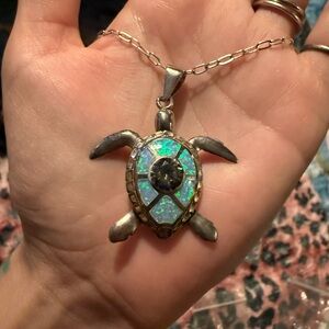 Sterling Silver Turtle Pendant Necklace with Opal